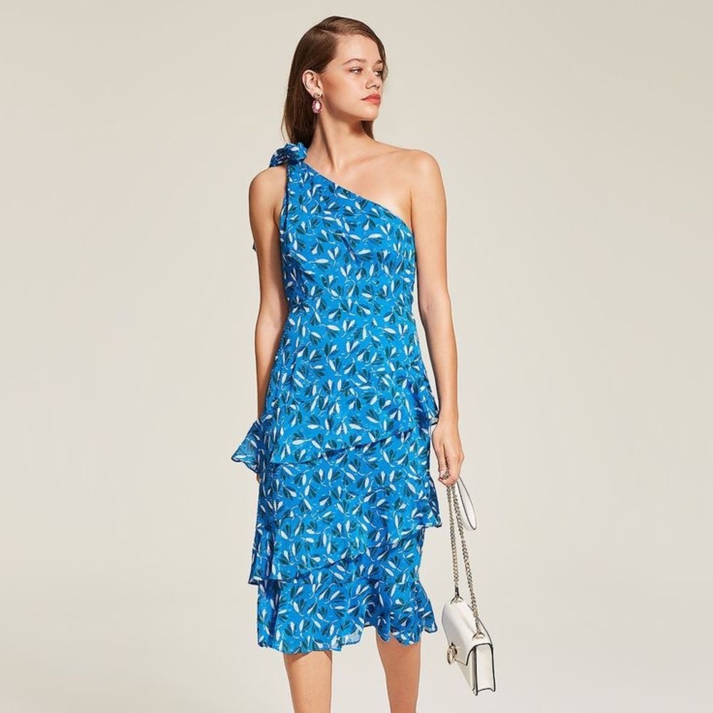 Whistles Blue Almond Print One Shoulder Dobby Ruffle Midi Dress